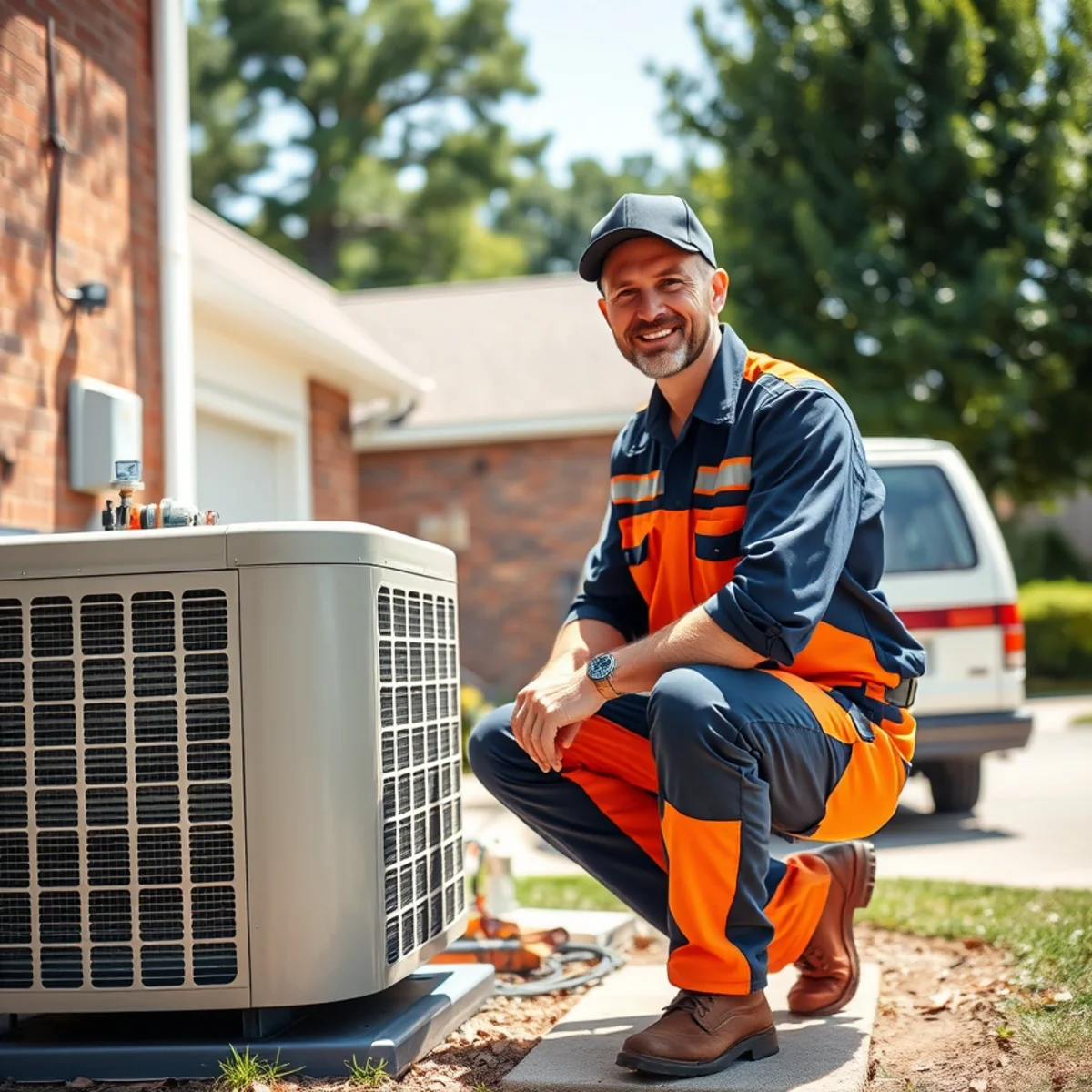 EM Contractors LLC technician servicing an outdoor AC unit at a Mount Gilead, NC home